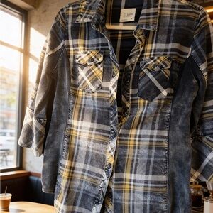 Plaid Button-Up Shirt / Rustic Distressed Look